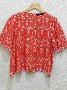 Zara Orange and White Embroidered Eyelet Blouse, size XS